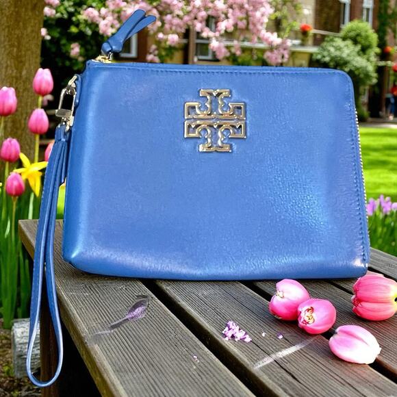 Tory Burch Britten Large Blue Pebbled Leather Zip Wristlet Wallet Gold Hardware - Picture 12 of 12